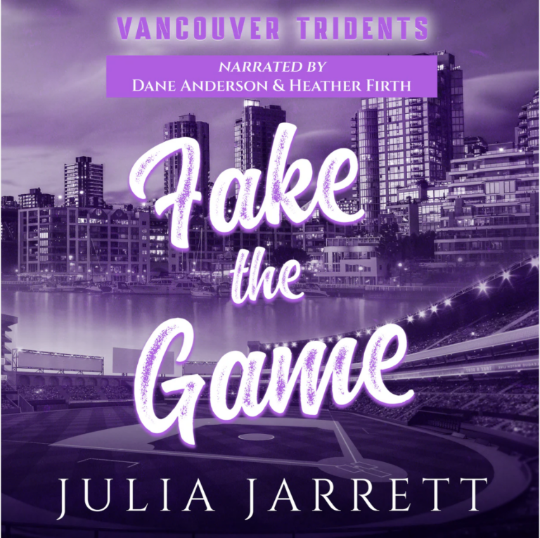 Cover has a city backdrop with a purple color. Book title is Fake the Game. Narrated by Heather Firth and Dane Anderson.